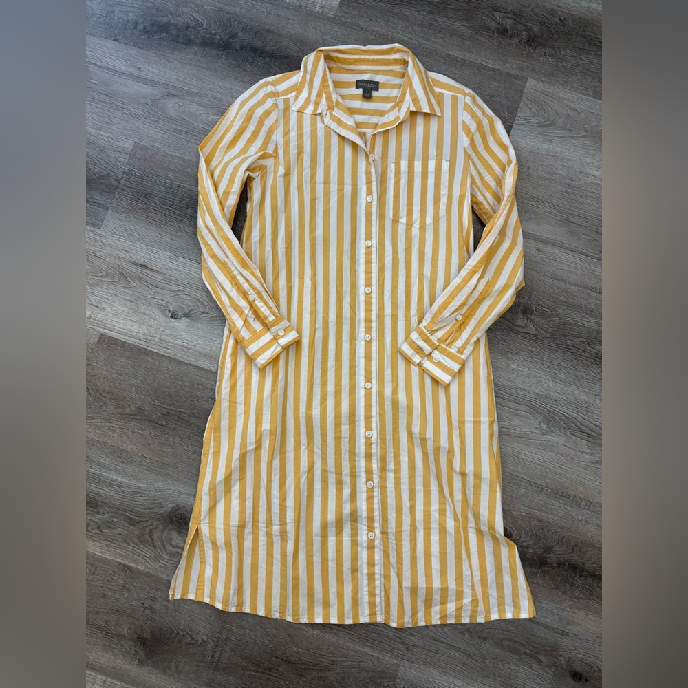 White and yellow stripe button up dress - Swim cover up - Beach cover up button